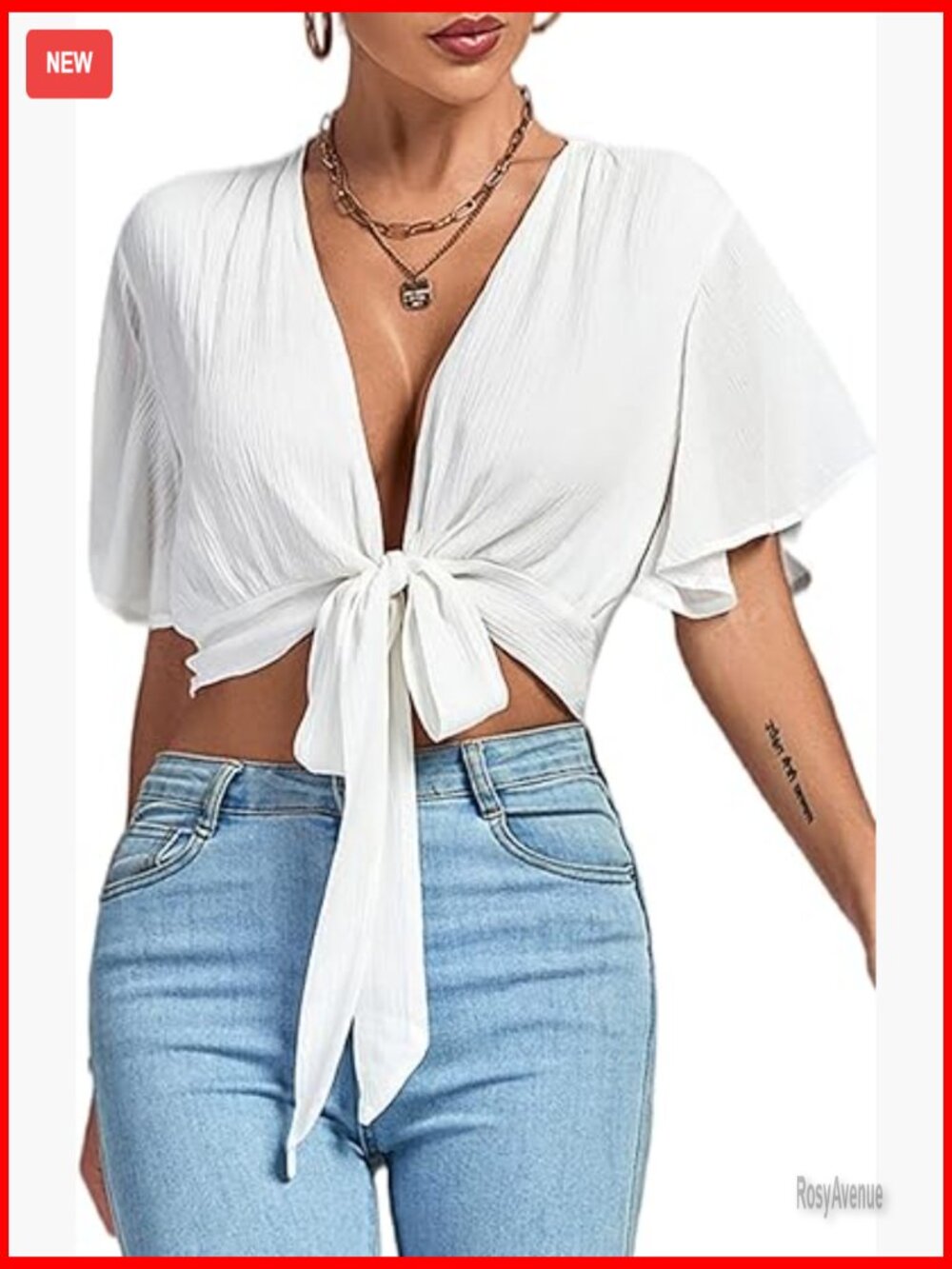Sexy Deep V Neck Tie Front Wrap Cropped Blouse Ruffle Short Sleeve Crop Top